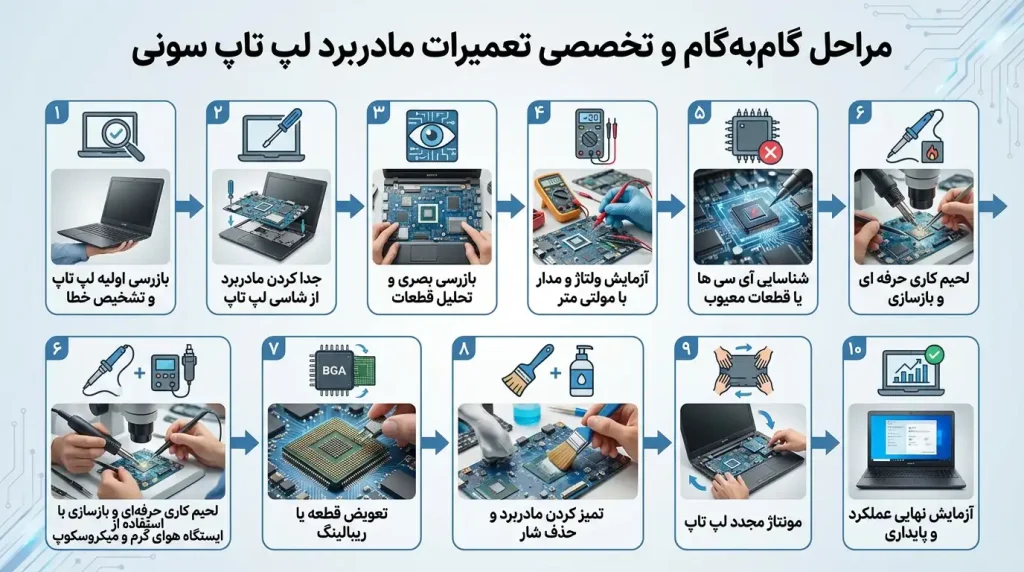 مراحل گامبهگام و تخصصی تعمیرات مادربرد لپ تاپ سونی