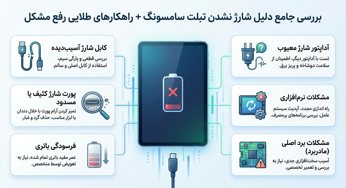 بررسی جامع دلیل شارژ نشدن تبلت سامسونگ + راهکارهای طلایی رفع مشکل