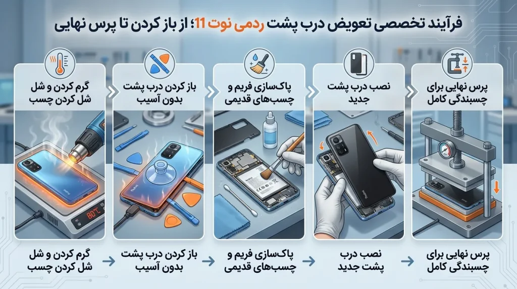 فرآیند تخصصی تعویض درب پشت ردمی نوت 11؛ از باز کردن تا پرس نهایی