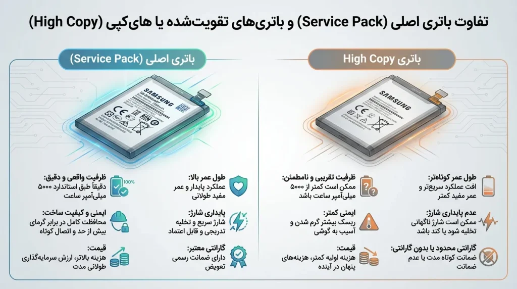 تفاوت باتری اصلی (Service Pack) و باتریهای تقویت شده یا هایکپی (High Copy) مناسب سامسونگ A06