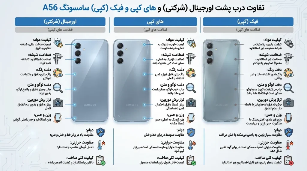 تفاوت درب پشت اورجینال (شرکتی) و های کپی و فیک (کپی) سامسونگ A56