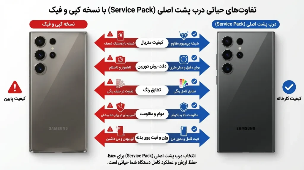 تفاوتهای حیاتی درب پشت اصلی (Service Pack) با نسخه کپی و فیک در گوشی سامسونگ S25 Ultra