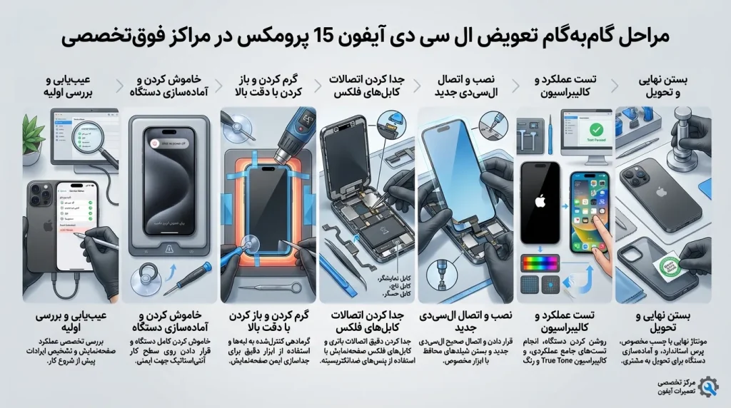 مراحل گامبهگام تعویض ال سی دی ایفون 15 پرومکس در مراکز تعمیر