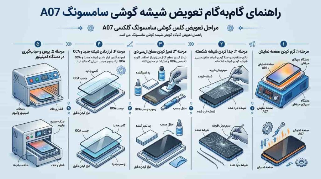 مراحل تعویض گلس A07 سامسونگ