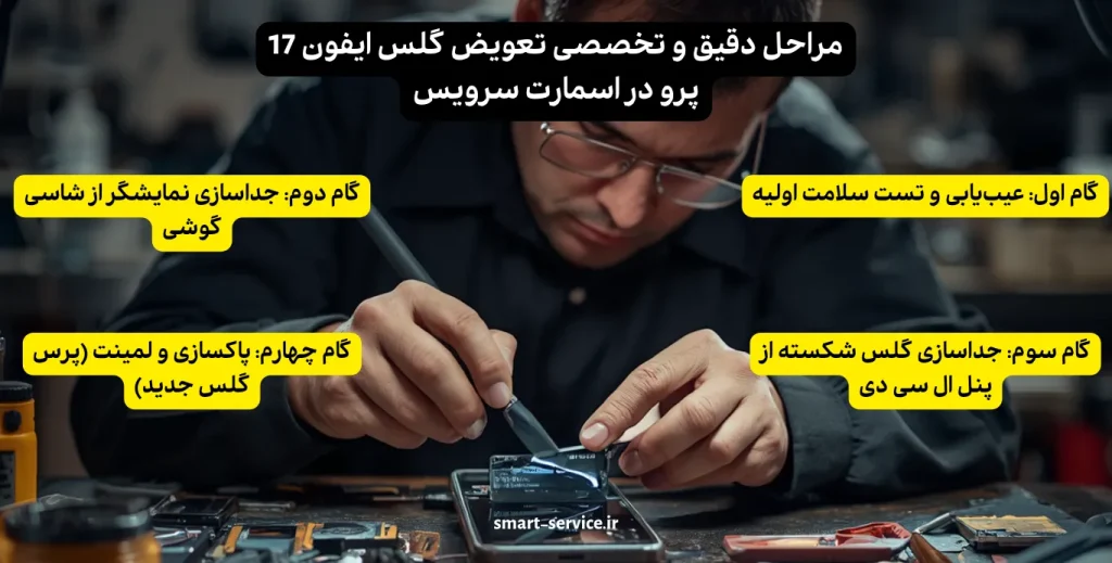 مراحل دقیق و تخصصی تعویض گلس ایفون 17 پرو در اسمارت سرویس