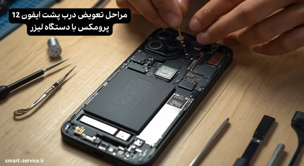 مراحل تعویض درب پشت ایفون 12 پرومکس با دستگاه لیزر