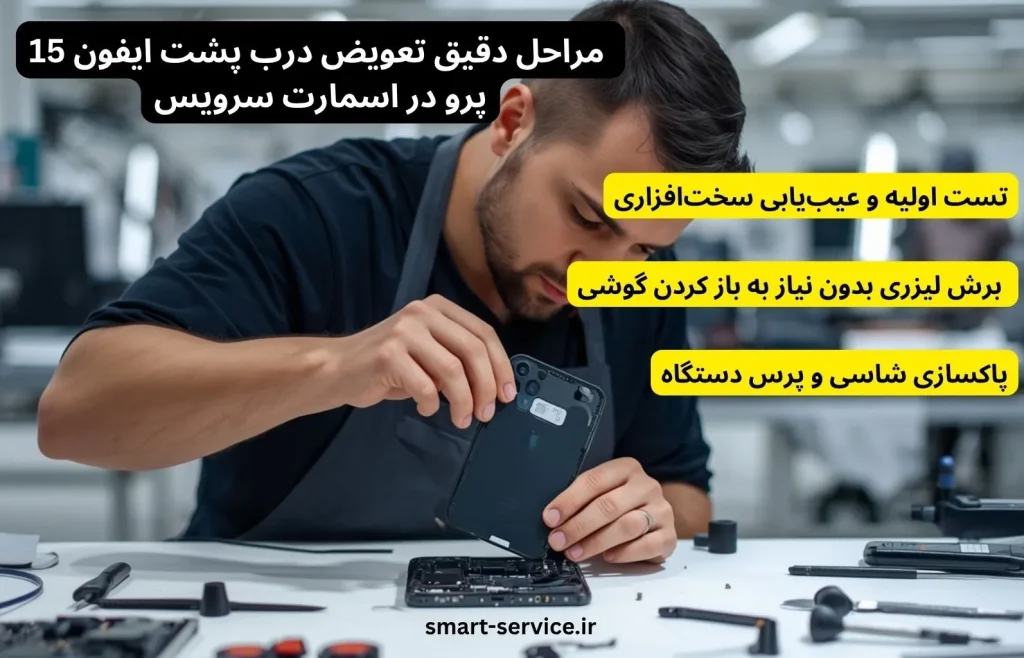 مراحل دقیق تعویض درب پشت ایفون 15 پرو در اسمارت سرویس