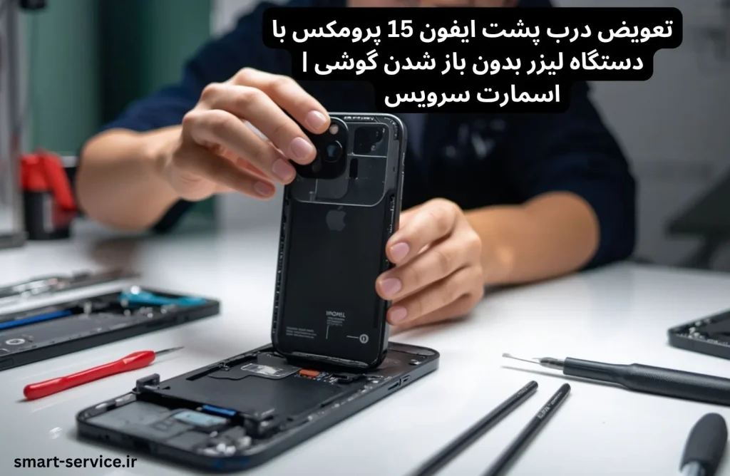 تعویض درب پشت ایفون 15 پرومکس با دستگاه لیزر بدون باز شدن گوشی | اسمارت سرویس